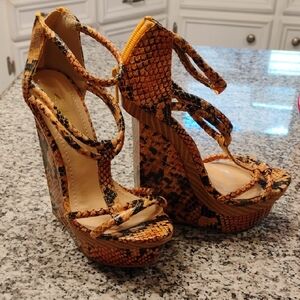 Alba Orange and Black Snake Print Wedges